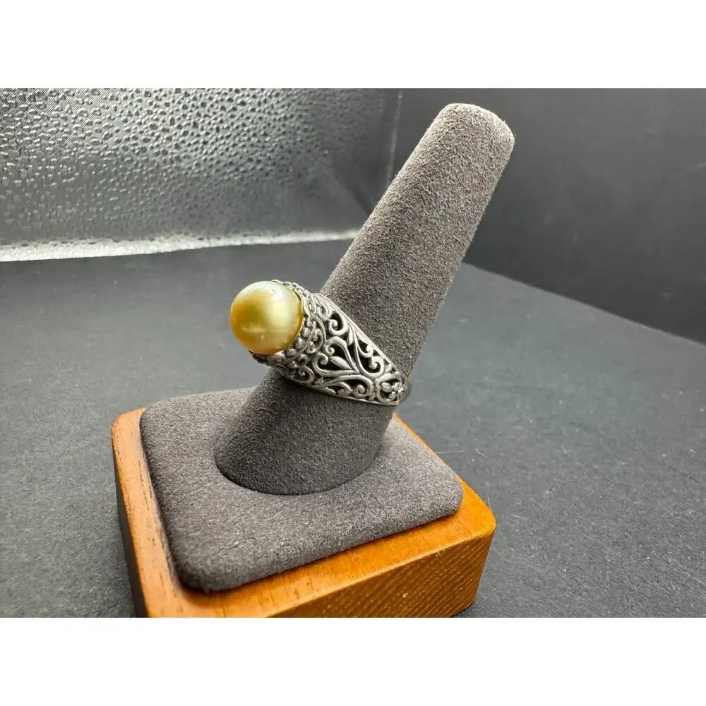 Vintage Sterling Silver 925 Signed Pearl Filigree Cocktail Ring Size 10